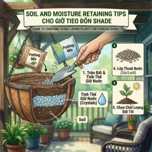 Illustration demonstrating how to layer potting soil and moisture-retaining crystals in hanging baskets for shade.