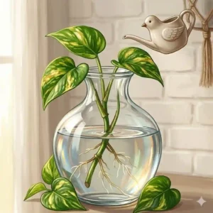 Line art illustration showing how to propagate trailing house plants by placing vine cuttings into glass water bottles.