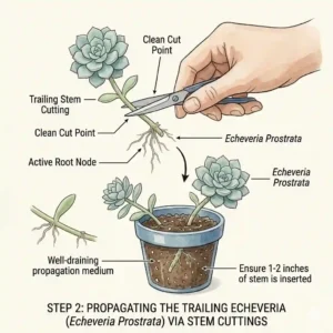 Illustration demonstrating how to take stem cuttings from a trailing echeveria plant for propagation.