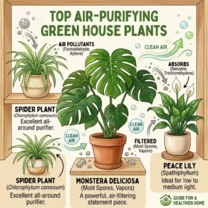 A graphic highlighting top air-purifying green house plants like the Peace Lily and Spider Plant.