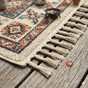 A chic wooden deck with a central fire pit anchored by outdoor rugs 8x10 boho style.