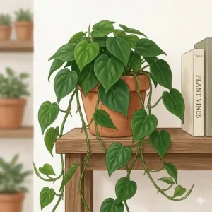 Heartleaf philodendron vines gracefully cascading as low-maintenance trailing indoor house plants on a wooden cabinet.