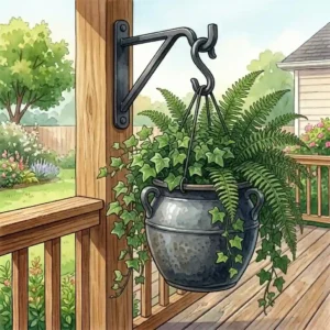 A sturdy, black heavy-duty metal deck plant hangers system supporting a large, weighted ceramic pot with trailing ivy.