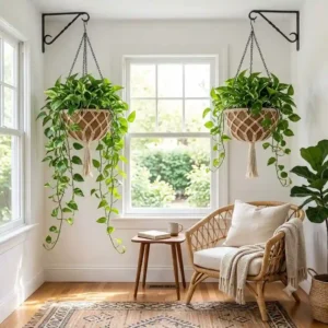 Cozy living room illustration showcasing stylish indoor large hanging plant baskets featuring trailing ivy near a sunny window.