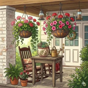 A vibrant floral arrangement of nice hanging baskets with pink and purple fuchsia blooms.