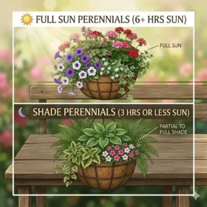 A split illustration contrasting a sun-loving perennial hanging baskets display with a shade-tolerant arrangement featuring hostas and ferns.