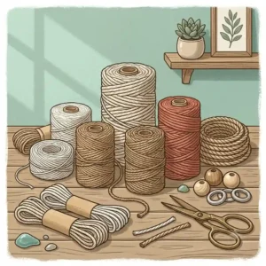 Various types of natural cotton and jute cords used for making rope artwork.