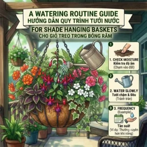A helpful infographic showing the correct watering frequency and technique for hanging baskets for shade.