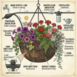 A diagram illustrating an automatic drip irrigation system setup for watering huge hanging baskets efficiently.