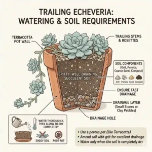 Cross-section illustration of a trailing echeveria potted in gritty, well-draining succulent soil with a drainage layer.
