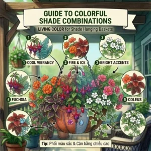 A colorful illustration detailing vibrant plant combinations to brighten up hanging baskets for shade.