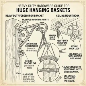 A line drawing illustration detailing the heavy-duty hooks and brackets needed to securely mount huge hanging baskets.