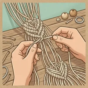 Hands tying a complex square knot during a DIY rope artwork tutorial.