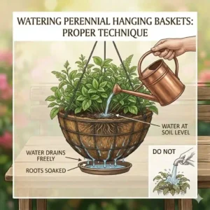 An illustration demonstrating the correct way to water perennial hanging baskets until moisture drains properly from the bottom.