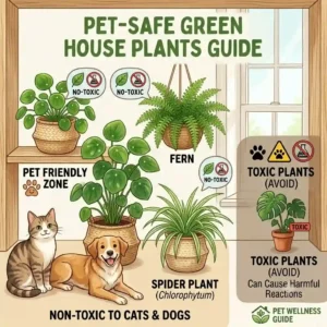 A colorful illustration identifying non-toxic, pet-safe green house plants that are friendly for cats and dogs.