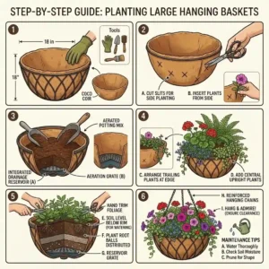 A visual step-by-step planting guide showing how to properly use a coco coir liner in large hanging plant baskets.