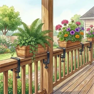 An illustration of modern deck plant hangers designed as brackets to hold rectangular flower boxes on top of a railing.