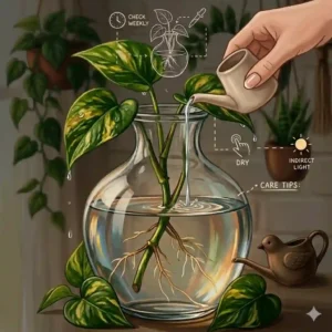 Illustration demonstrating the correct way to water trailing house plants in well-draining pots to prevent root rot.