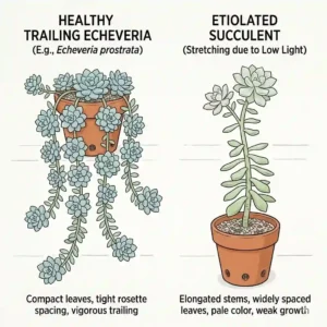 Comparison drawing showing a healthy trailing echeveria versus an etiolated succulent stretching due to low light.