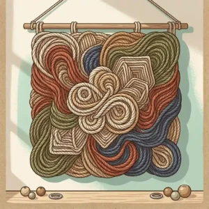 Abstract three-dimensional rope artwork featuring dyed fibers and organic shapes.