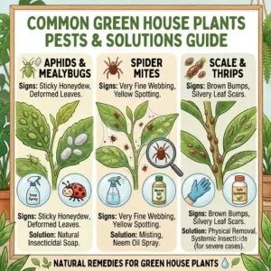 A diagram illustrating common pests found on green house plants and natural remedies to treat them.