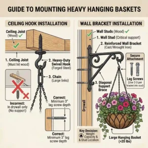 Illustrated diagram showing heavy-duty hardware including a ceiling hook and wall bracket securely supporting heavy large hanging plant baskets.
