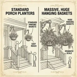 A scale illustration comparing standard porch planters with massive, huge hanging baskets to show size differences.