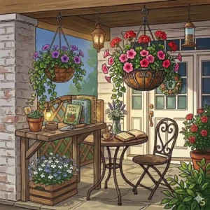 Minimalist outdoor patio area decorated with nice hanging baskets filled with various succulents.