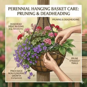A close-up illustration of hands deadheading spent blooms to encourage new growth in a vibrant perennial hanging baskets display.