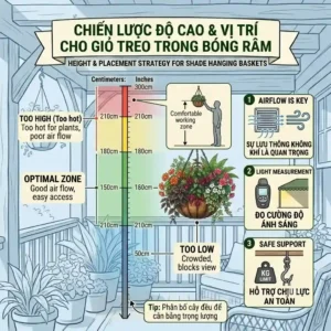Diagram illustrating the ideal porch and patio heights to hang hanging baskets for shade for optimal air circulation.