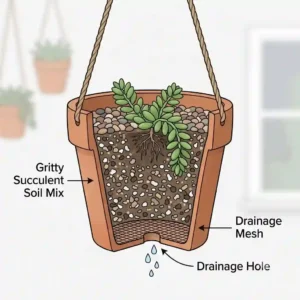 Diagram showing how to properly pot trailing succulents for hanging pots with well-draining soil and a drainage hole.