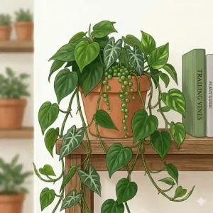 A healthy, variegated spider plant producing small plantlets as popular trailing indoor house plants.