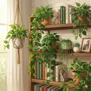 Cozy modern home office bookshelf styled with books and long, leafy trailing house plants draping over the sides of the shelves.