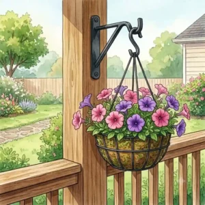 A sleek metal deck plant hangers hook screwed securely into a vertical wooden deck post, holding a blooming petunia basket.