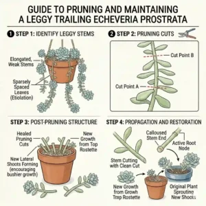 Step-by-step illustration showing where to trim a leggy trailing echeveria to encourage fuller, bushier growth.