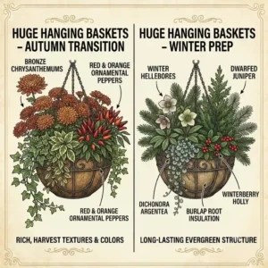 A colorful illustration of huge hanging baskets styled for autumn with chrysanthemums, ornamental peppers, and trailing ivy.