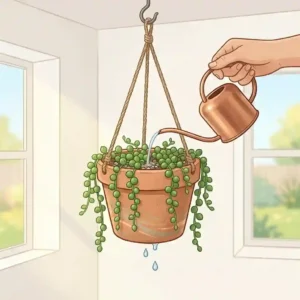 Illustrated guide on how to safely water delicate succulents for hanging pots without causing root rot.