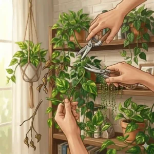 Close-up illustration of hands using sharp shears to trim dead leaves and leggy stems off trailing house plants.