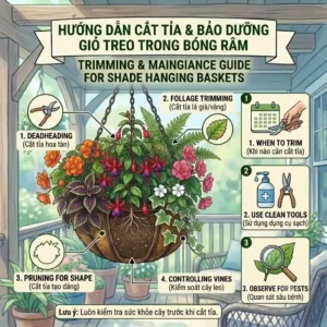 Illustration showing how to deadhead and prune flowers to keep hanging baskets for shade looking full and healthy.