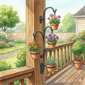 A multi-hook tree deck plant hangers setup allowing multiple small potted plants to hang in a vertical tier.