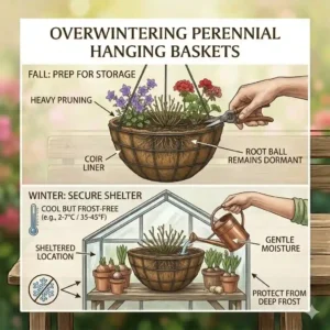 An illustration showing how to prepare perennial hanging baskets for winter by sheltering them in a greenhouse or unheated garage.