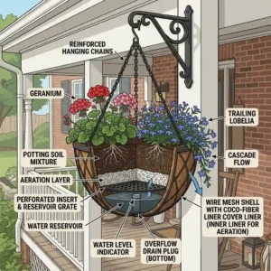An infographic guide recommending the best trailing and upright plants for maximum growth in large hanging plant baskets.