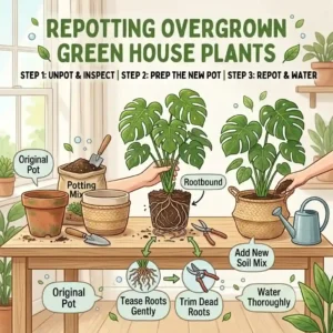 A step-by-step vector illustration showing how to safely repot overgrown green house plants into larger containers.