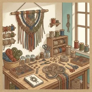An artist's workshop filled with ongoing rope artwork projects hanging from wooden dowels.