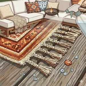 A large backyard terrace with a cozy sectional sofa arranged on outdoor rugs 8x10 boho style.