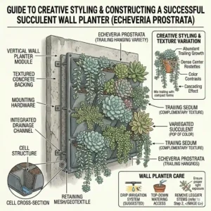 Colorful illustration of trailing echeveria varieties arranged beautifully in a vertical succulent wall planter.