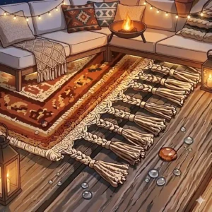 An ambient evening scene with string lights illuminating cozy outdoor rugs 8x10 boho style.