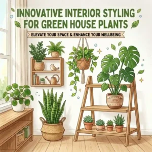 An interior design illustration featuring creative ways to style green house plants on shelves, plant stands, and hanging macrame planters.