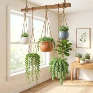 Bright living room layout showing optimal sunlight placement for indoor succulents for hanging pots.