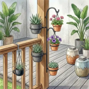 A minimalist, modern deck plant hangers style blending seamlessly into a contemporary cozy patio space.